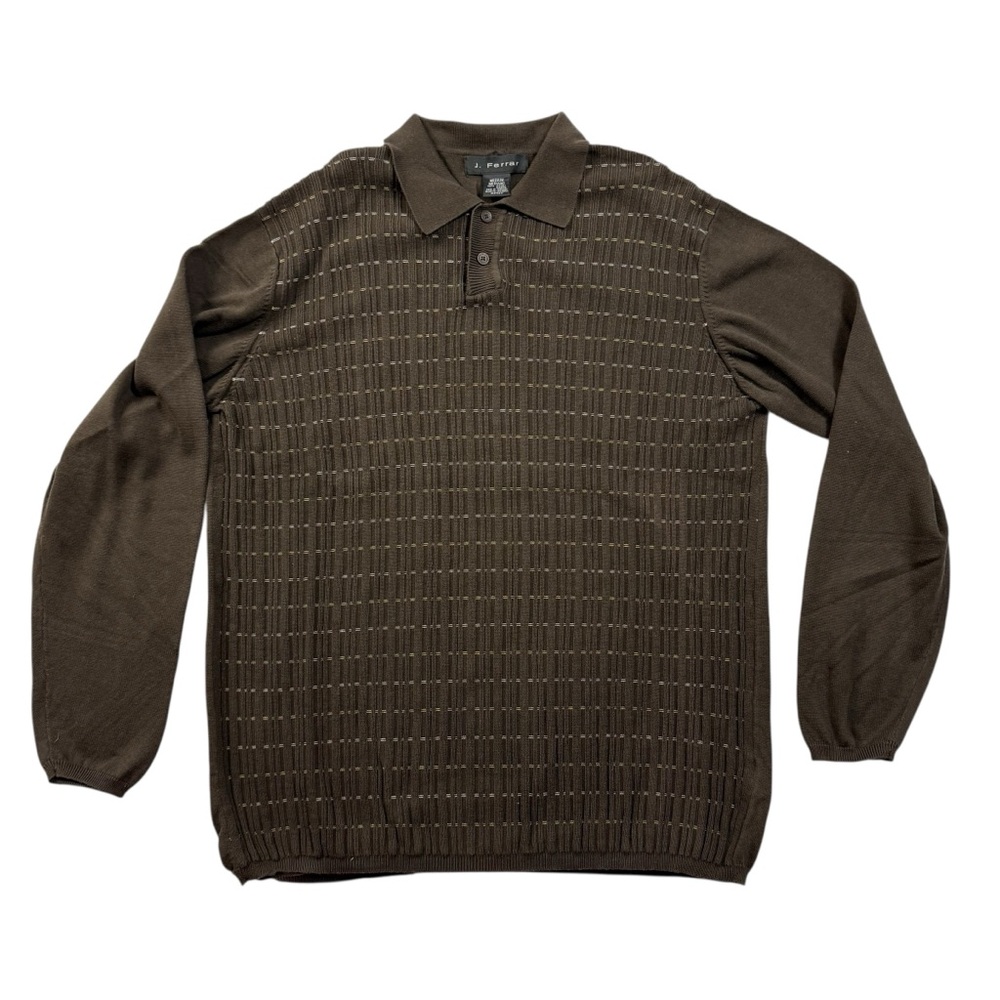 J. Ferrar Long Sleeve Polo Sweater – Brown Textured Knit – 100% Cotton Medium